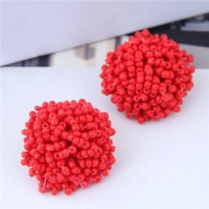 Mini-beads Floral Ball Design High Fashion Women Earrings - Red