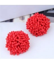 Mini-beads Floral Ball Design High Fashion Women Earrings - Red