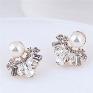 Cubic Zirconia and Pearl Inlaid Flower Design Alloy Korean Fashion Earrings