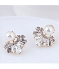 Cubic Zirconia and Pearl Inlaid Flower Design Alloy Korean Fashion Earrings