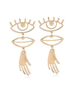 Eyes Lips and Hands Design Golden High Fashion Costume Earrings