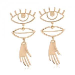 Eyes Lips and Hands Design Golden High Fashion Costume Earrings