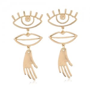 Eyes Lips and Hands Design Golden High Fashion Costume Earrings