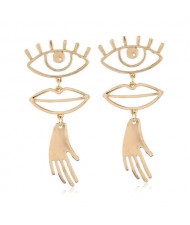 Eyes Lips and Hands Design Golden High Fashion Costume Earrings