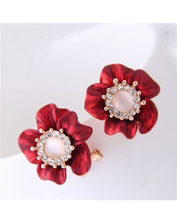 Rhinestone Embellished Korean Style Red Fortune Flower Earrings