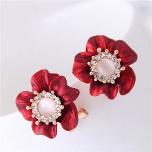 Rhinestone Embellished Korean Style Red Fortune Flower Earrings