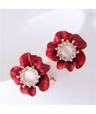 Rhinestone Embellished Korean Style Red Fortune Flower Earrings