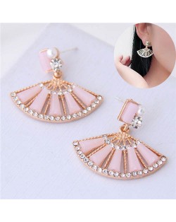 Rhinestone Embellished Fan-shape Cute Design Women Earrings - Pink
