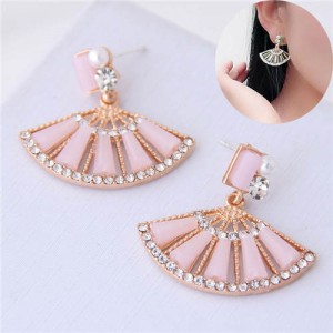 Rhinestone Embellished Fan-shape Cute Design Women Earrings - Pink