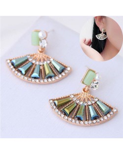 Rhinestone Embellished Fan-shape Cute Design Women Earrings - Green