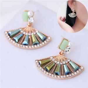 Rhinestone Embellished Fan-shape Cute Design Women Earrings - Green