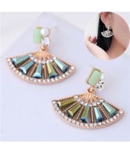 Rhinestone Embellished Fan-shape Cute Design Women Earrings - Green