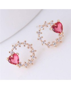 Heart Decorated Floral Hoop Design Golden Fashion Earrings