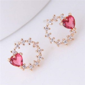 Heart Decorated Floral Hoop Design Golden Fashion Earrings