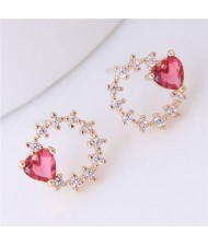 Heart Decorated Floral Hoop Design Golden Fashion Earrings