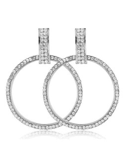 Rhinestone Embellished Bold Hoop Design High Fashion Women Earrings - Silver