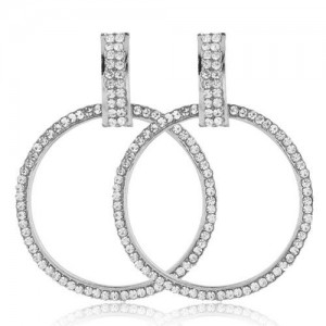 Rhinestone Embellished Bold Hoop Design High Fashion Women Earrings - Silver
