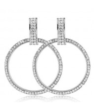 Rhinestone Embellished Bold Hoop Design High Fashion Women Earrings - Silver
