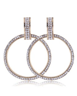 Rhinestone Embellished Bold Hoop Design High Fashion Women Earrings - Golden