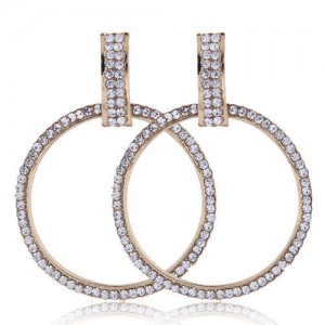 Rhinestone Embellished Bold Hoop Design High Fashion Women Earrings - Golden