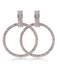 Rhinestone Embellished Bold Hoop Design High Fashion Women Earrings - Golden