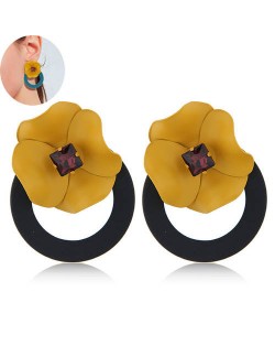 Sweet Flower Attached Dangling Hoop Fashion Earrings - Black