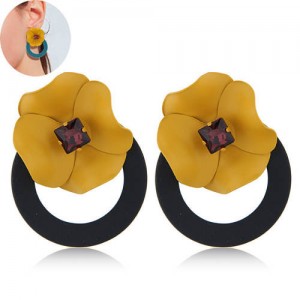 Sweet Flower Attached Dangling Hoop Fashion Earrings - Black