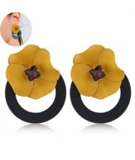 Sweet Flower Attached Dangling Hoop Fashion Earrings - Black