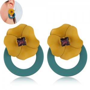 Sweet Flower Attached Dangling Hoop Fashion Earrings - Green