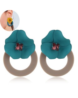 Sweet Flower Attached Dangling Hoop Fashion Earrings - Brown