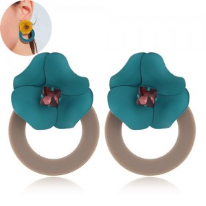 Sweet Flower Attached Dangling Hoop Fashion Earrings - Brown