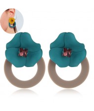 Sweet Flower Attached Dangling Hoop Fashion Earrings - Brown