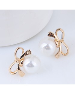 Pearl Inlaid Golden Bowknot Design Korean Fashion Earrings