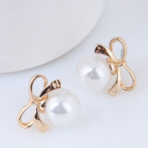 Pearl Inlaid Golden Bowknot Design Korean Fashion Earrings