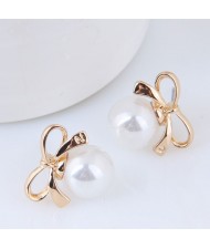 Pearl Inlaid Golden Bowknot Design Korean Fashion Earrings