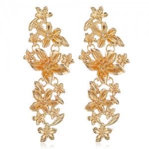 Vintage Flowers Cluster Design Women Fashion Statement Earrings - Golden