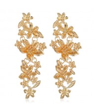 Vintage Flowers Cluster Design Women Fashion Statement Earrings - Golden