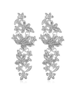 Vintage Flowers Cluster Design Women Fashion Statement Earrings - Silver
