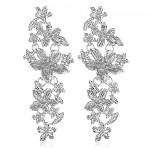 Vintage Flowers Cluster Design Women Fashion Statement Earrings - Silver