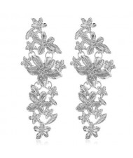 Vintage Flowers Cluster Design Women Fashion Statement Earrings - Silver