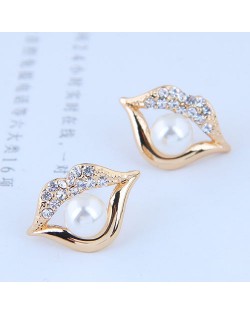 Pearl Inlaid Golden Lips Design High Fashion Earrings