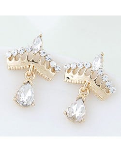 Czech Rhinestone Sweet Golden Crown High Fashion Women Costume Earrings