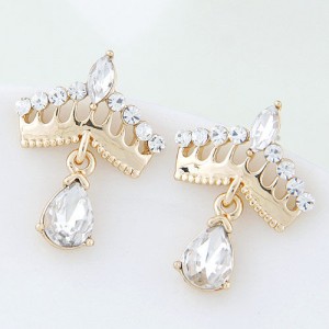 Czech Rhinestone Sweet Golden Crown High Fashion Women Costume Earrings