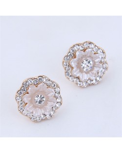 Pearl and Rhinestone Round Floral Design Korean Fashion Earrings