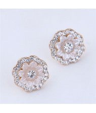 Pearl and Rhinestone Round Floral Design Korean Fashion Earrings