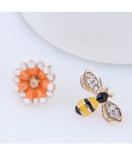 Oil-spot Glazed Flower and Bee Asymmetric High Fashion Alloy Earrings 