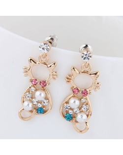 Assorted Colors Czech Rhinestone and Pearl Emebellished Cute Cat Design Korean Fashion Earrings