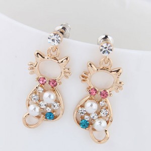 Assorted Colors Czech Rhinestone and Pearl Emebellished Cute Cat Design Korean Fashion Earrings