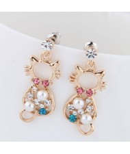 Assorted Colors Czech Rhinestone and Pearl Emebellished Cute Cat Design Korean Fashion Earrings