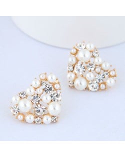 Czech Rhinestone and Pearl Embellished Glistening Heart Design Women Statement Earrings